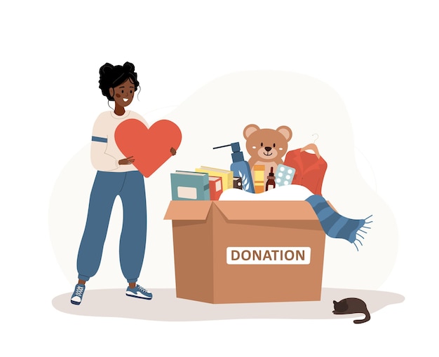 Vector donation box with clothes toys books and medicines african volunteer woman holding in hands heart share your love support for poor people and children vector illustration in flat cartoon style