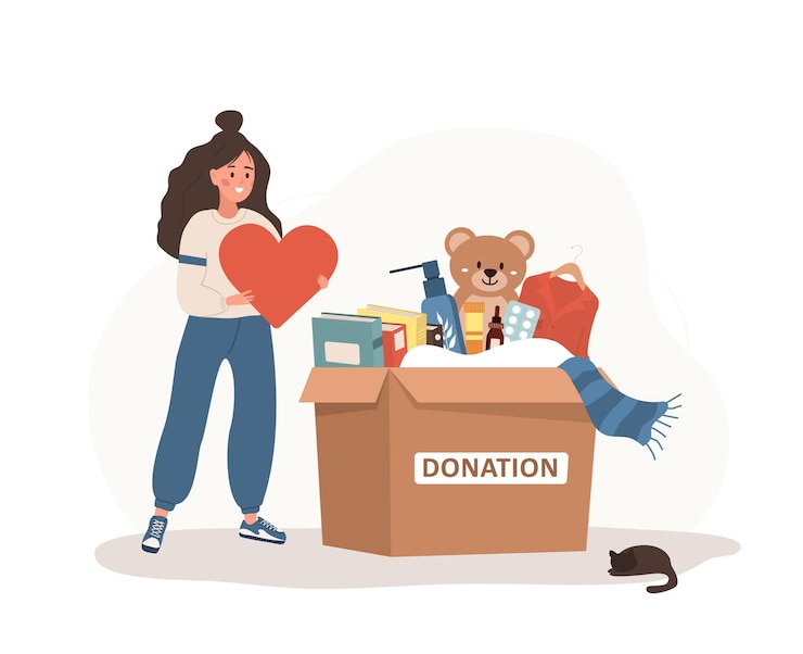 Vector donation box with clothes toys books and medicines volunteer woman holding in hands heart