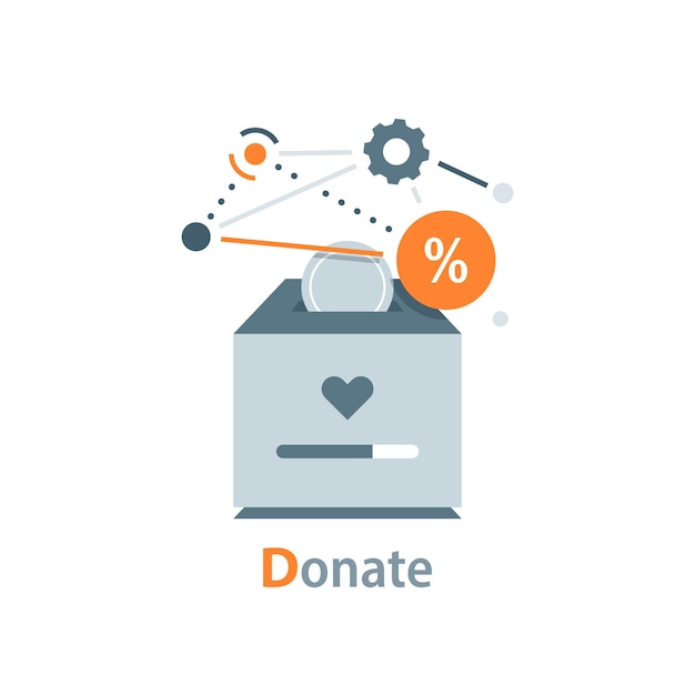 Vector donation box with golden coin money and heart donation and charity concept