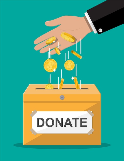 Donation box with golden coins. Charity, donate, help and aid concept