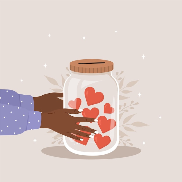 Donation glass jar african female hands holding bottle with red hearts give and share your love support and hope for homeless and poor people vector illustration in cartoon style