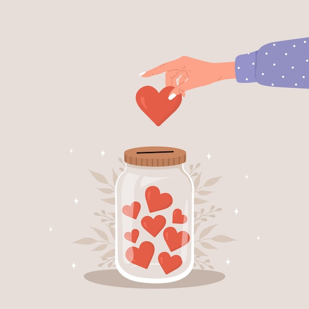 Vector donation glass jar with red hearts female hand throw heart in huge bottle for donate give and share your love support for poor people and children vector illustration in flat cartoon style