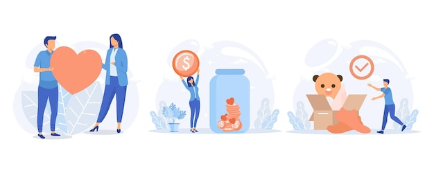 Donation illustration.Characters putting money and hearts in jar. flat vector modern illustration