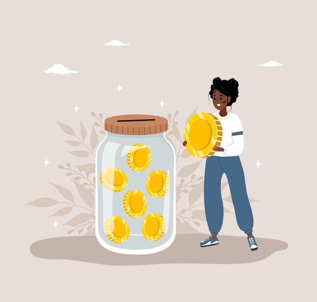 ベクトル 寄付金のコンセプト 可愛いアフリカ人女性が 金貨で満たされたガラスの瓶を持っています