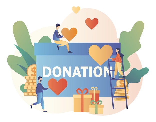 Donation and volunteers work concept Tiny people help charity and sharing hope Modern flat cartoon style Vector illustration on white background