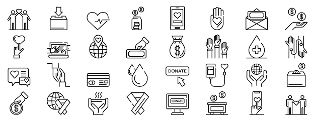 Donations icons set, outline style