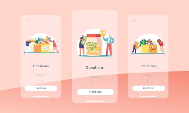 ベクトル 寄付 モバイル アプリのページ オンボードの画面テンプレート 段ボール箱に服を詰めた小さな人々 食べ物とお金