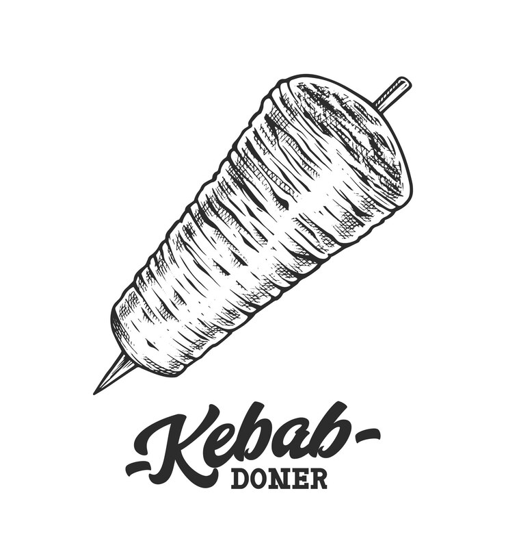 Vector doner kebab retro emblem logo template with black and white text and kebab spit sketch