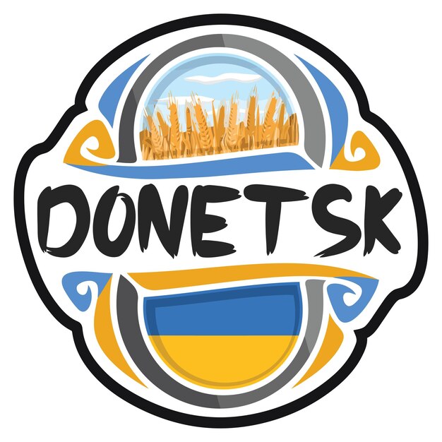 Donetsk ucraina bandiera viaggio souvenir adesivo skyline landmark logo distintivo timbro sigillo emblema svg eps