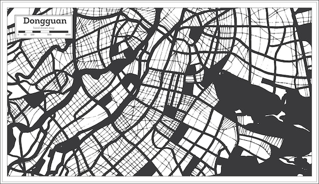 レトロなスタイルのアウトライン マップで黒と白の色で東莞中国都市マップ