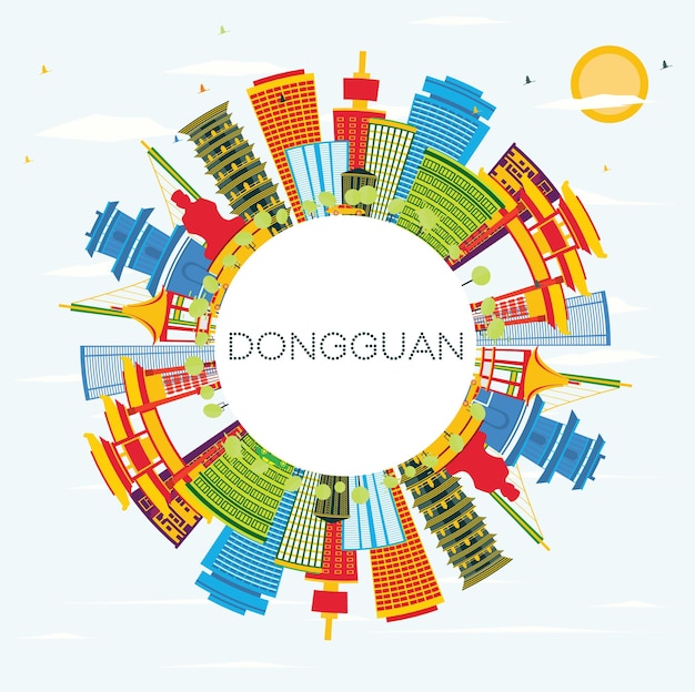 Dongguan China City Skyline with Color Buildings, Blue Sky and Copy Space. Vector Illustration. Business Travel and Tourism Concept with Modern Architecture. Dongguan Cityscape with Landmarks.