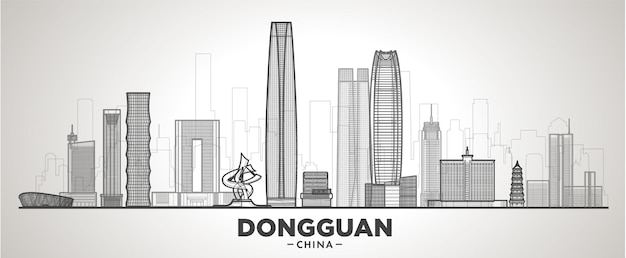 Dongguan china lijn skyline met panorama op de hemelachtergrond. vectorillustratie. zakelijk reizen en toerisme concept met moderne gebouwen. afbeelding voor banner of website.