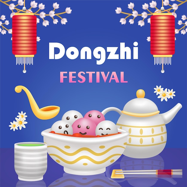 Vettore festival di dongzhi illustrazione 3d della teiera della zuppa di gnocchi dolci e del tè verde