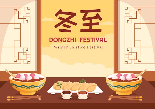 Dongzhi or Winter Solstice Festival Hand Drawn Illustration with Chinese Food Tangyuan and Jiaozi