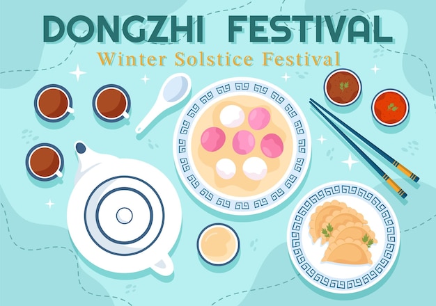 Illustrazione del festival dongzhi o del solstizio d'inverno il 22 dicembre con cibo cinese tangyuan