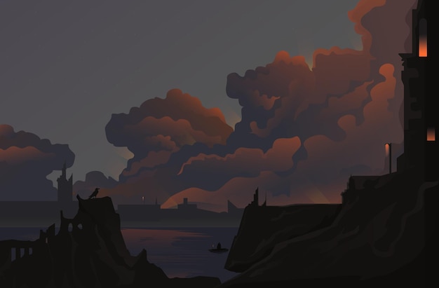 donker omringend landschap met bewolkte lucht en rotsen