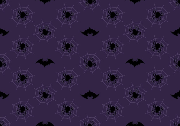 Donker patroon met zwarte vleermuizen spinnen en web op paarse achtergrond halloween feestelijke herfst decoratie...