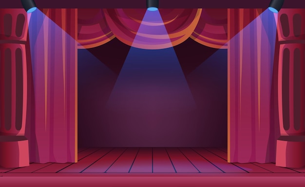Vector donker podium voor theater met rood fluwelen gordijngordijn met schijnwerper voor toneelvoorstelling van bioscoopfilms