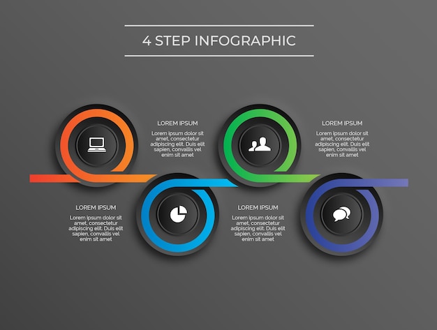 Donker thema moderne 4-staps cirkel infographic premium vector