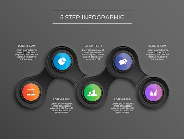 Donker thema moderne 5-staps keten infographic premium vector