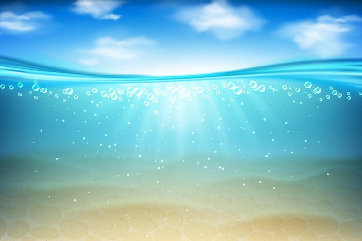 Vector donker water textuur aquarium onder water oceaan zee lichten en duisternis schone zwembad en zand blauwe hemel met wolken zomer onder zee zuivere vloeistof vector realistische achtergrond