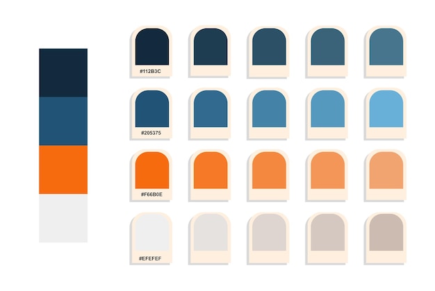 Donkerblauw oranje lichtgrijs kleurenpalet kleurafstemming webdesign idee compatibele kleurcodes