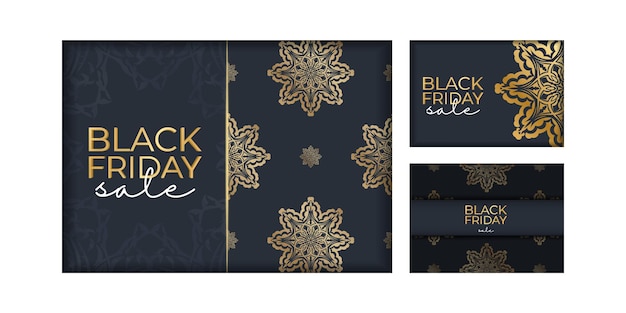 Donkerblauw zwarte vrijdag verkoop advertentie sjabloon met ronde gouden ornament