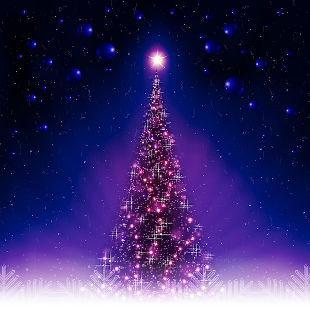 Donkerblauwe ansichtkaart met glanzende kerstboom en ballen silhouetten van linten en witte sneeuwvlokken