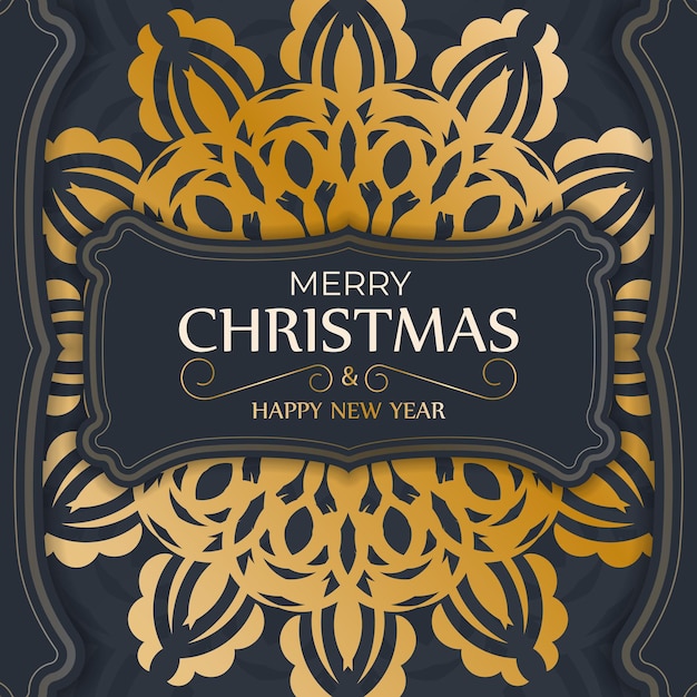 Vector donkerblauwe gelukkige nieuwjaarsbrochure met luxe gouden patroon
