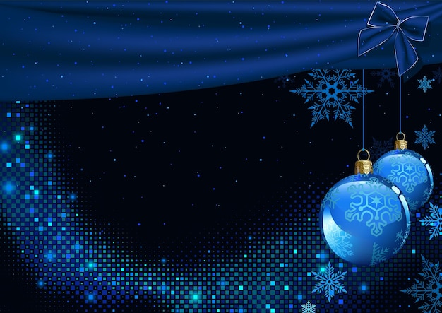 Donkerblauwe kerstachtergrond met hangende kerstversieringen