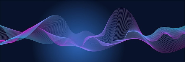 Donkere abstracte achtergrond met gloeiende golven Glinsterende bewegende lijnen ontwerpelement Moderne paarse blauwe gradiënt vloeiende golflijnen Futuristische technologie concept Vector illustratie
