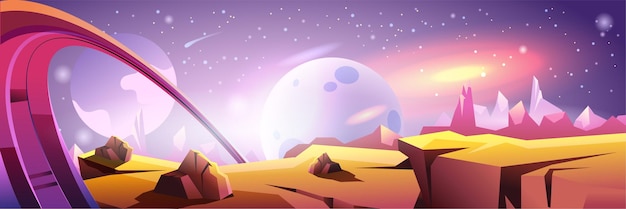 Donkere diepe ruimte achtergrondbanner in platte cartoon ontwerp Kosmos fantasie poster met sterren hemel verschillende planeten en hemellichamen nevel grondplaatsen en kosmisch oppervlak vectorillustratie