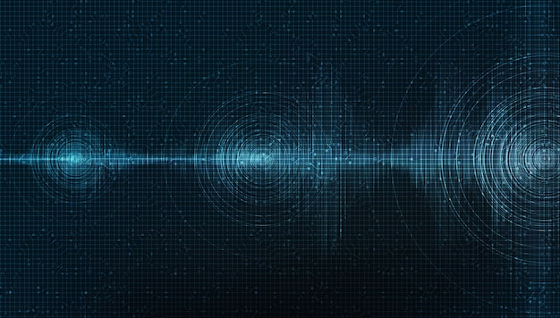 Donkere digitale geluidsgolf op blauwe achtergrond, technologie en aardbevingsgolf diagram concept