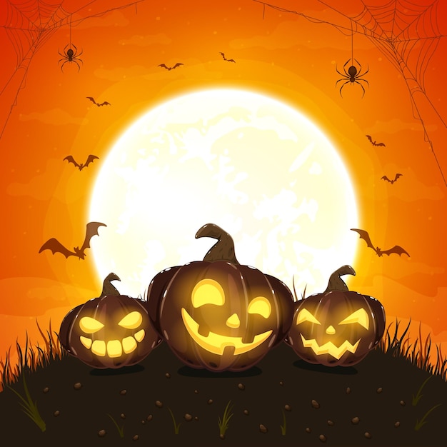 Donkere halloween-pompoenen met spinnen op oranje achtergrond