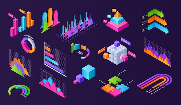 Donkere isometrische grafiek 3d financiën presentatie lay-out met grafieken grafieken diagrammen en voortgangsbalken van volume cijfers vector business analytische afbeeldingenset