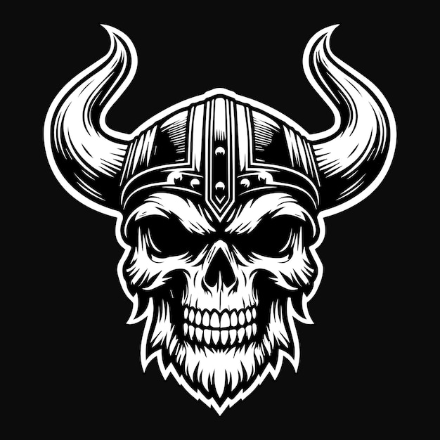 Vector donkere kunst boze viking schedelkop zwart-wit illustratie