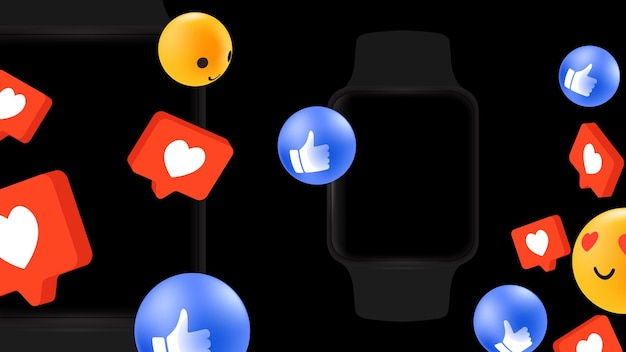 Donkere mockup voor technische advertentie. social media banner met smart watch en emoticons. vector illustratie