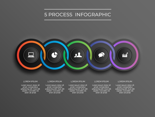 Donkere moderne 5-ringsproces infographic premium vector