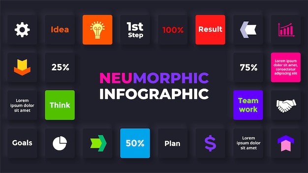 Donkere neumorphic vector infographic presentatiediasjabloon schone minimale vlakke stijl