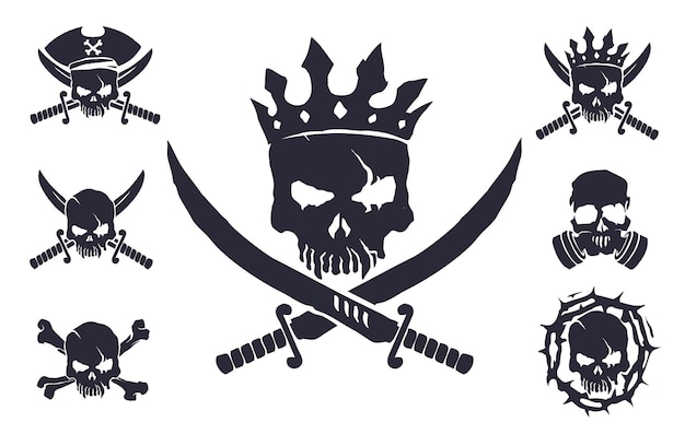 Donkere verzameling van 7 vectorschedels U kunt deze piratenschedels gebruiken om op t-shirts, kleding, foto's te printen