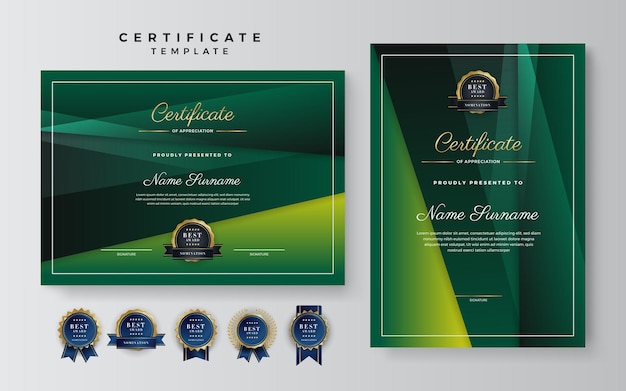 Donkergroen en zwart certificaat van prestatiegrenssjabloon met luxe badge en modern lijnpatroon Voor zakelijke en onderwijsbehoeften