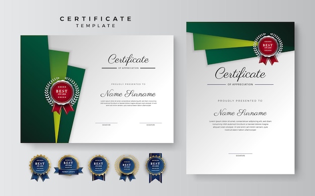 Donkergroen en zwart certificaat van prestatiegrenssjabloon met luxe badge en modern lijnpatroon Voor zakelijke en onderwijsbehoeften