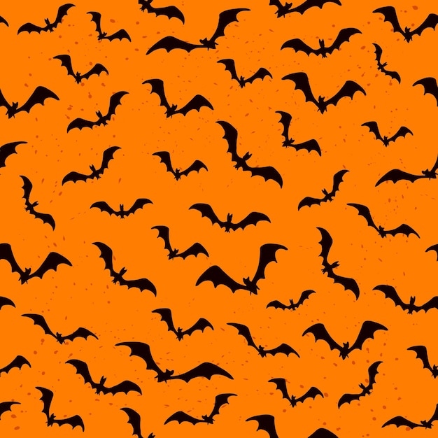 Donkeroranje naadloze achtergrond met vliegende vleermuizen voor Halloween, illustratie.