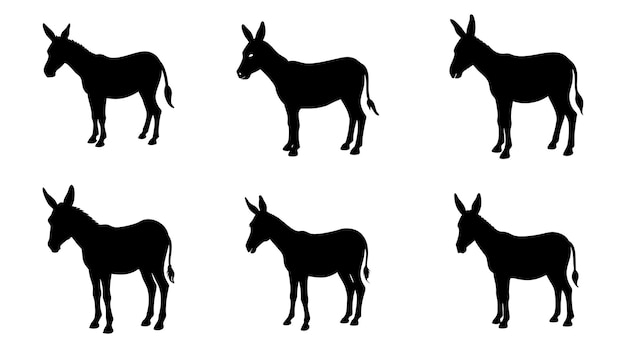 Donkey Silhouettes Black Vector Animal Clipart Set