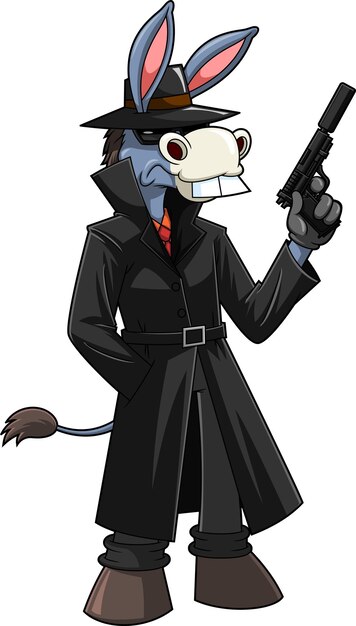 Vettore donkey spy secret agent personaggio di cartone animato che tiene una pistola vettore illustrazione disegnata a mano
