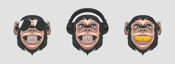 Vector dont see dont hear dont speak vector smiling chimpanzee ape with sunglasses headphones banana typography quote funny monkey head for wall art tshirt print poster cartoon cute chimp monkey