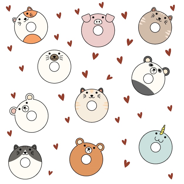 Vector donut animals seamless pattern set