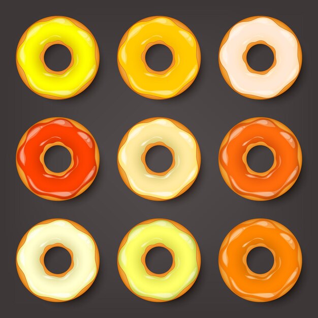 Vector donut begel with cream cookies cookie cake set sweet dessert with sugar and caramel tasty breakfast