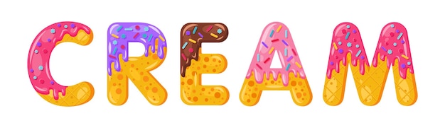 Donut cartoon crème biscuit vet lettertypestijl. Geglazuurde hoofdletters. Verleidelijke platte ontwerptypografie. Koekjes, chocoladeletters. Witte achtergrond. Gebak, bakkerij, wafel geïsoleerde vector clipart