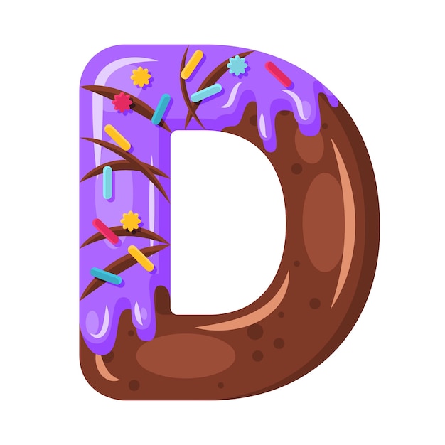 Vector donut cartoon d brief vectorillustratie. biscuit vet lettertype. geglazuurde hoofdletter met glazuur. verleidelijke platte ontwerptypografie. chocolade alfabet. gebak, bakkerij geïsoleerde clipart